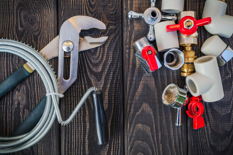 Directly above of table with work tools